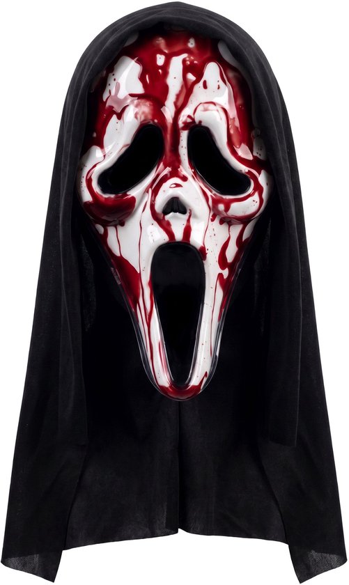Witte Ghostface masker met bloedspatten en zwarte capuchon.