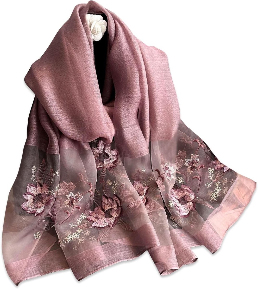 Zijdeachtige sjaal met delicate rozenborduursels, transparante chiffon en zonbescherming voor dames, lichtgewicht en zacht, perfect voor lente en herfst