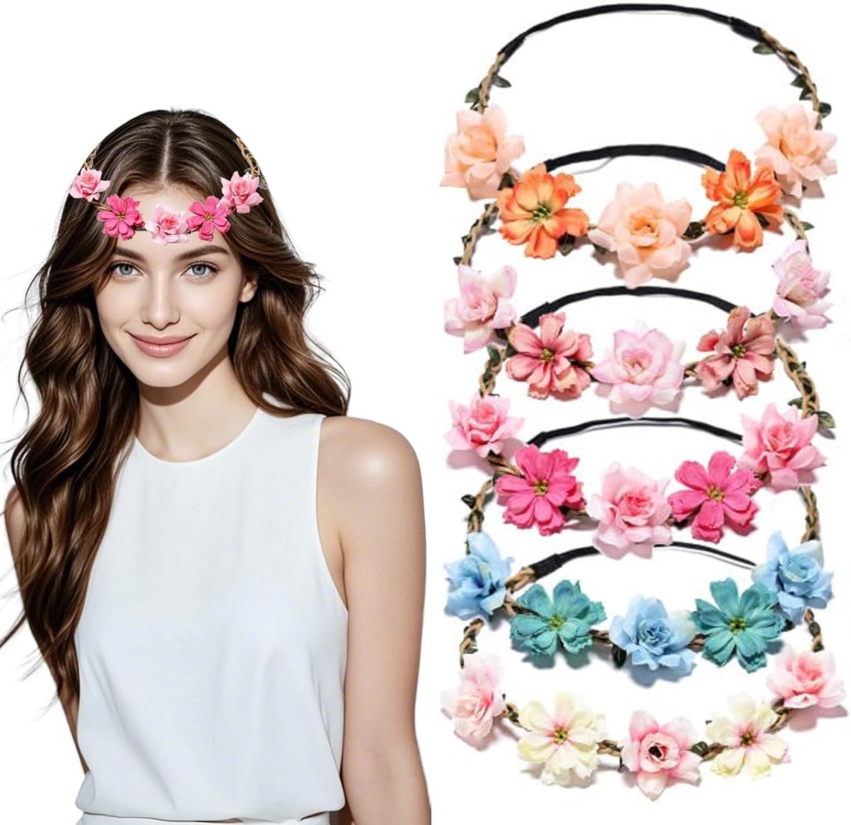 Set van 5 Multikleurige Bloemen Haarbanden - Boho Elastische Bloemencorona voor Bruiden, Bruidsmeisjes en Bloemmeisjes op Trouwen