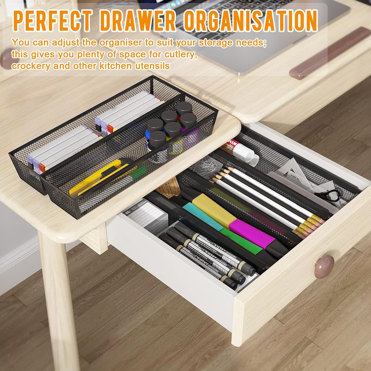 Dailygoods- Besteklade Uitschuifbaar - Bestekbak - Keukenkastorganizers - Besteklade 22.3x8x5 cm - Roestvrij Staal - Antislip Rubber Buffers - Bestekorganizer