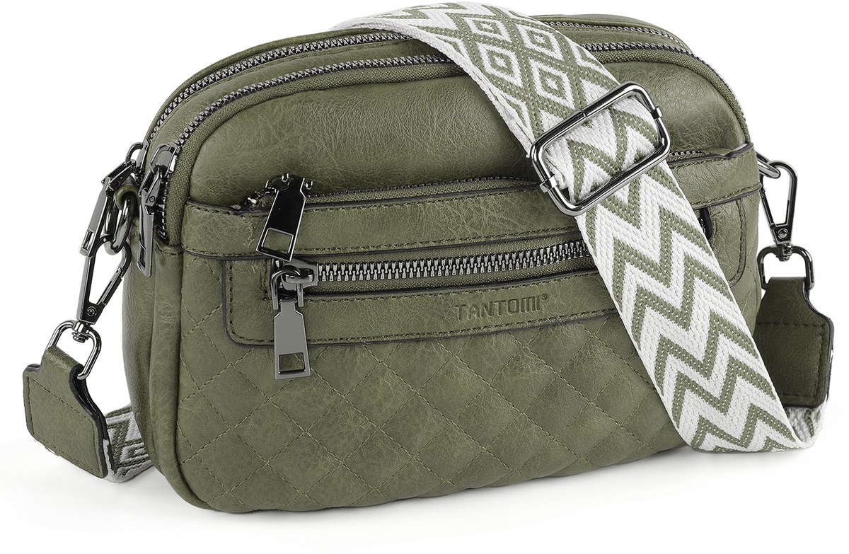 TANTOMI - Schoudertas Dames - Crossbody Tas met Zachte Brede Band - met Meerdere Ritsen - Klein handtas dames - Donkergroen