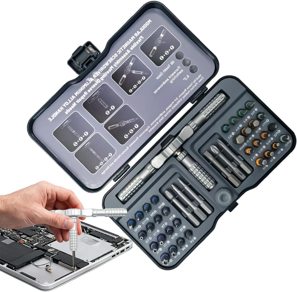 Ratelschroevendraaierset - Reparatietoolkit Schroevendraaier - Huishoudelijke Reparaties - 42-In-1 Magnetische Bits - 18.1 x 10.7 x 3.6 cm - Grijs