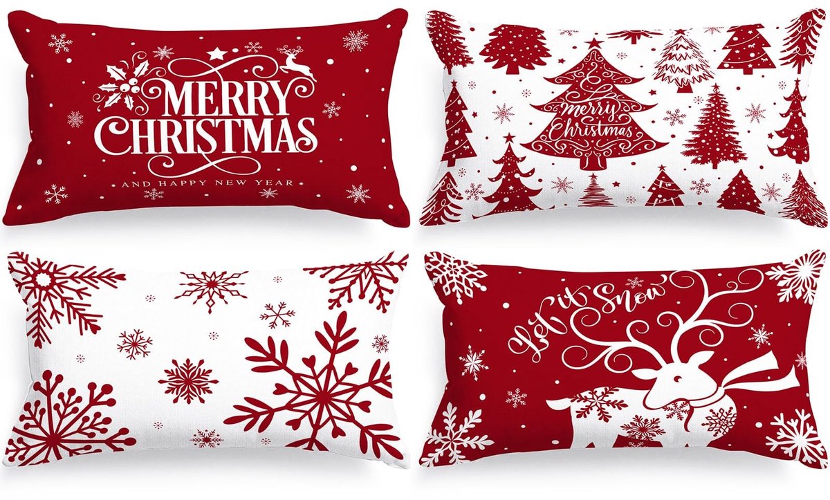 Dailygoods- Kussensloop Set van 4 - 30x50 cm - Kerst - Decoratief - Satijn - Met verborgen rits - Duurzaam en comfortabel - Kussenhoes
