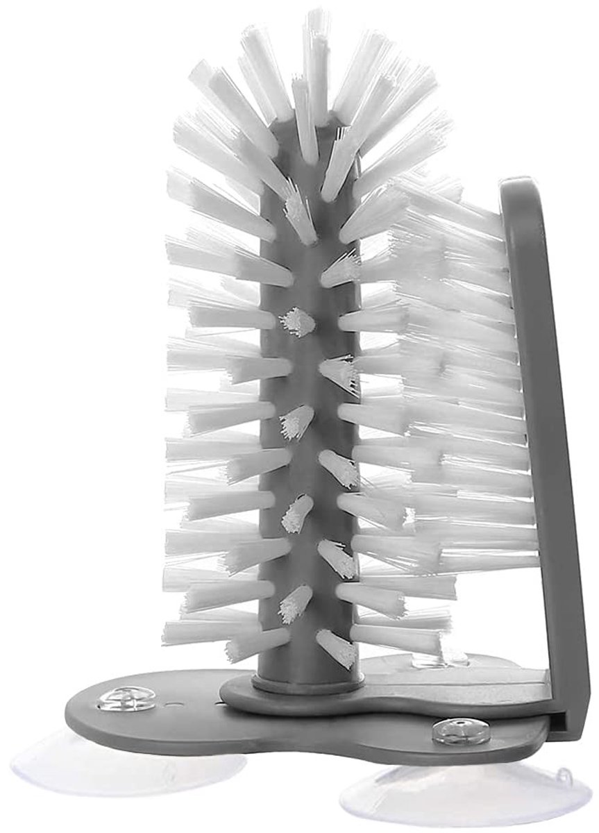 Dailygoods- Afwasborstel met Zuignap - Glazenspoelborstel - Dubbelzijdige Borstel - Voor Glazen/Wijnglazen - Grijs - PP/PVC Materiaal