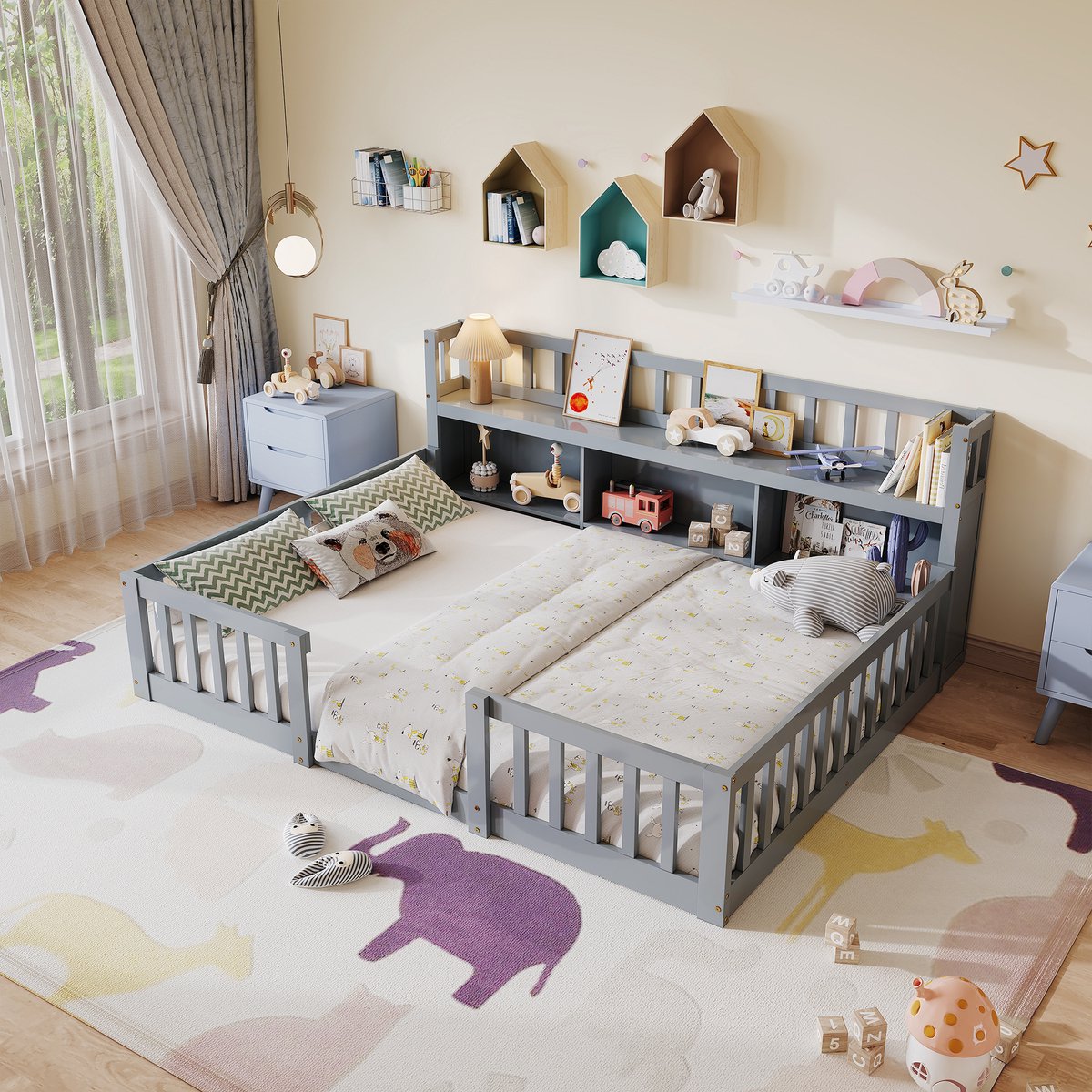 Montessori kinderbed – Houten peuterbed 140x200 cm – Vloerbed met veiligheidshekjes en opbergkast – Grijs – zonder matras