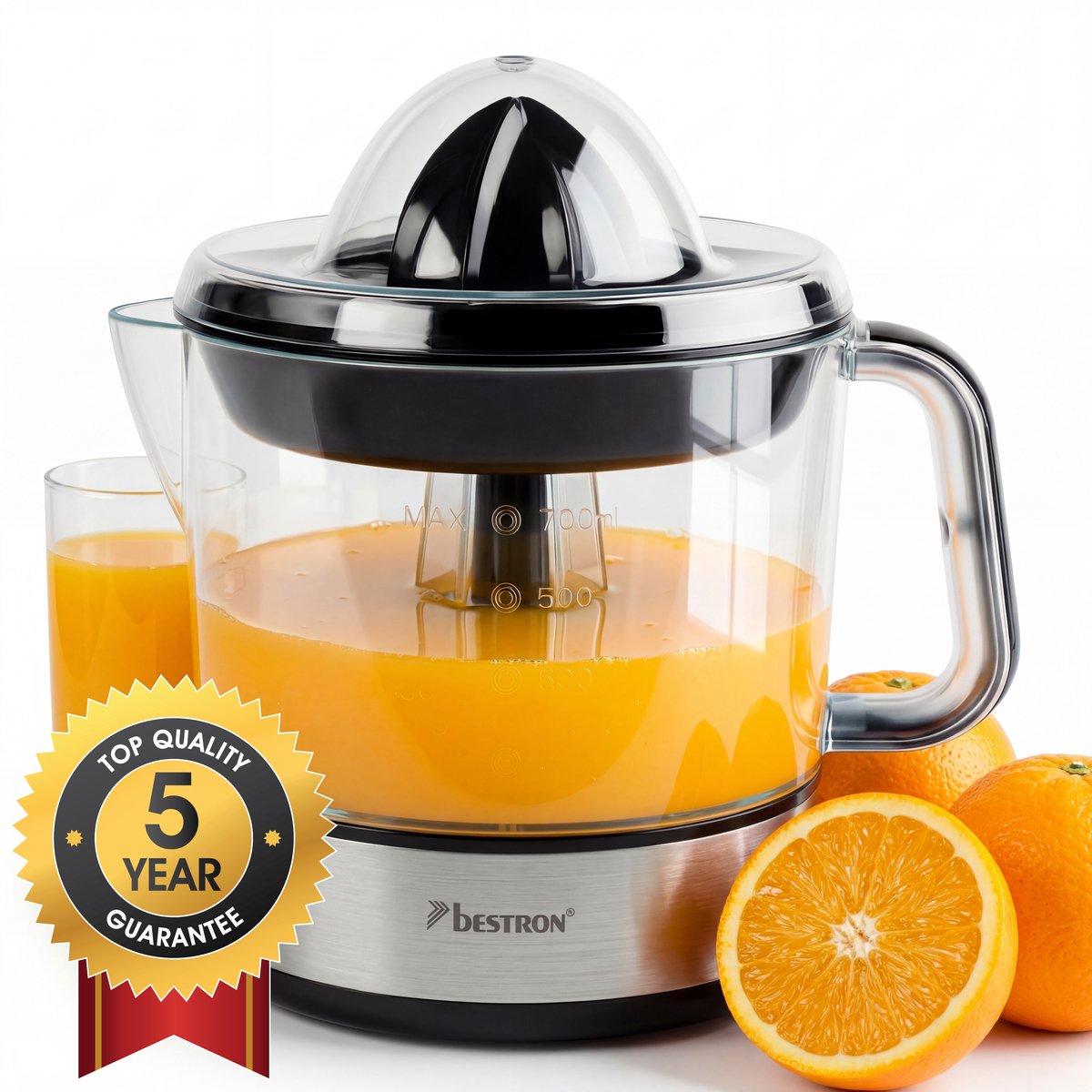 Bol.com Bestron Citruspers Elektrisch - ACJ350Z - 40W - Incl. 2 perskegels, aromadeksel, sap reservoir - 0,7 Liter - Zilver - 5 ... aanbieding