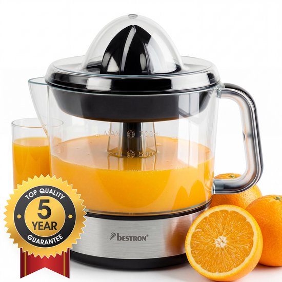 Elektrische citruspers van Bestron met RVS-basis, glazen kan en een 'Top Quality 5 Year Guarantee'-sticker.