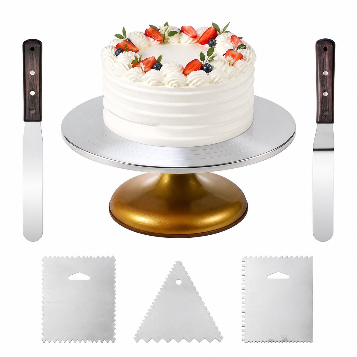 Taart Draaiplateau Set - 6-delig - Aluminium Legering Taartdecoratie Draaischijf - 12 Inch Antislip Taartstandaard - Bak Accessoires Goud Zwart