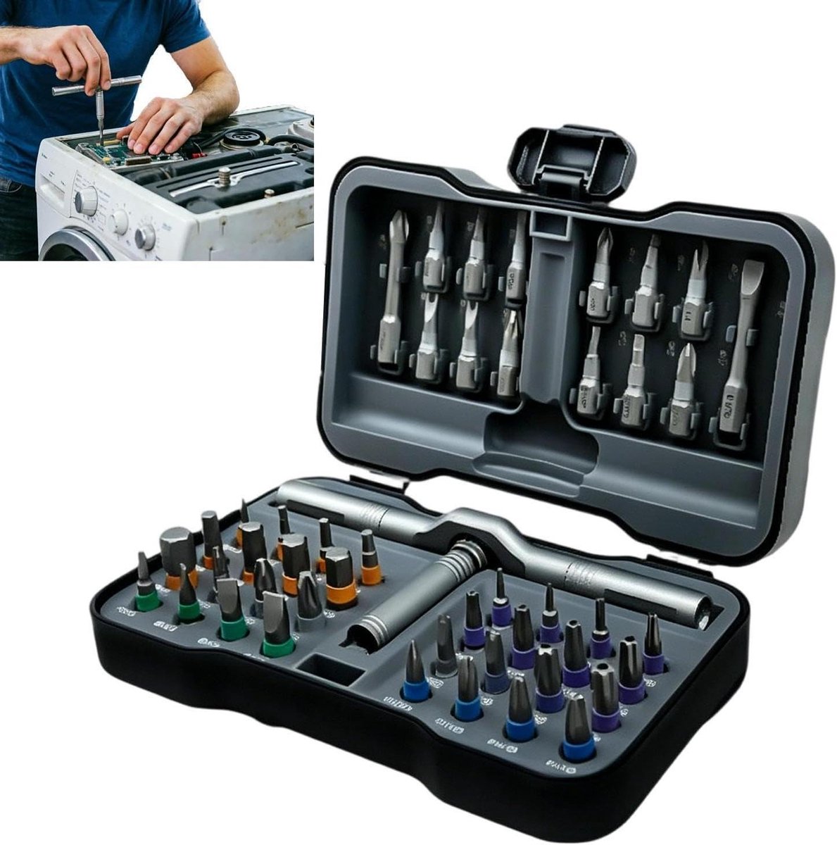 Ratelschroevendraaier Set - Precisie Schroevendraaier Kit - Reparatie en Montage - 46-in-1 Uitgebreide Bits - Standaard Kopgrootte - Grijs