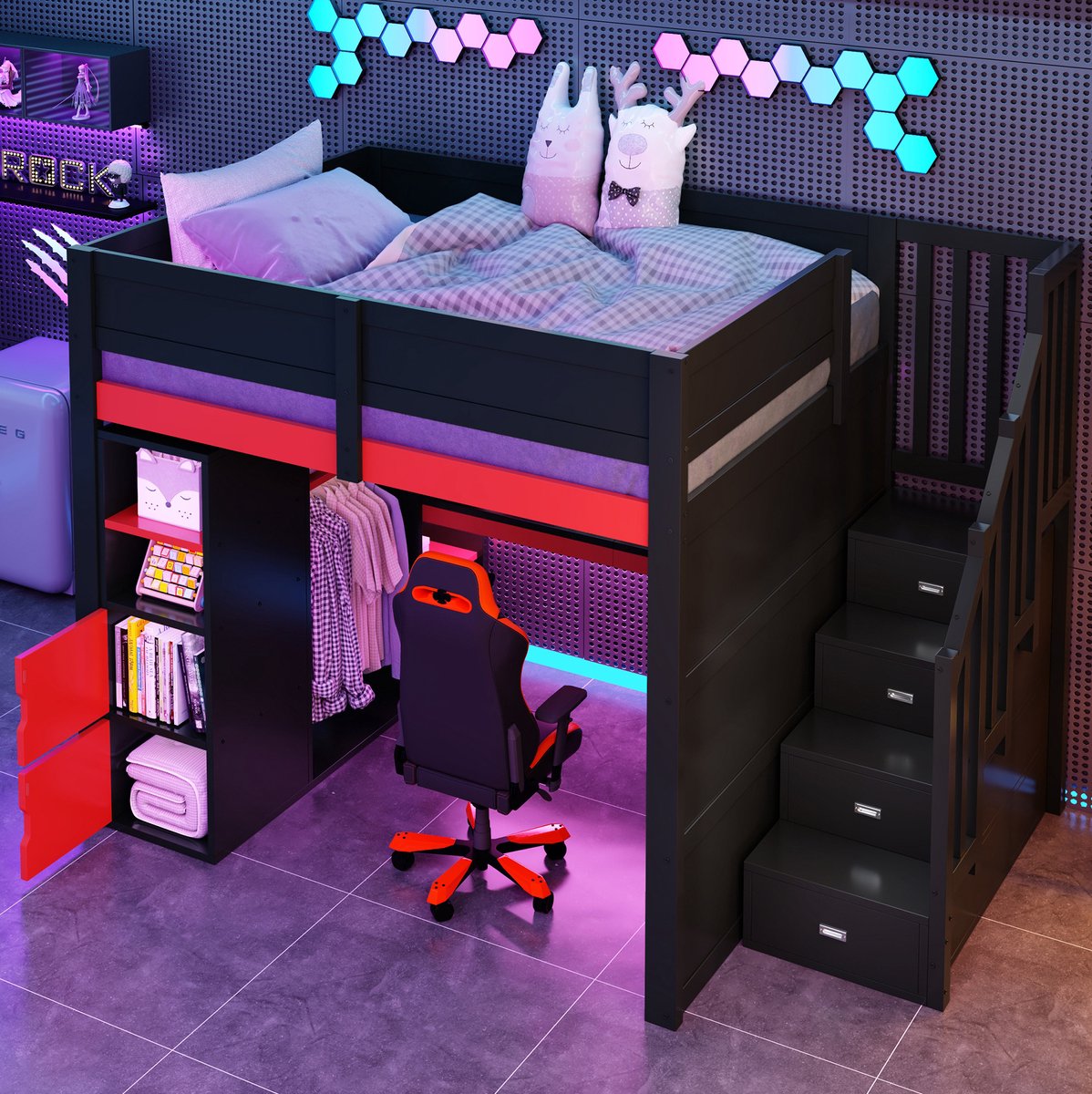 MEUNIQ 140 x 200 cm hoogslaper met bureau, LED-verlichting, opbergruimte en trap met vakken, zwart en rood