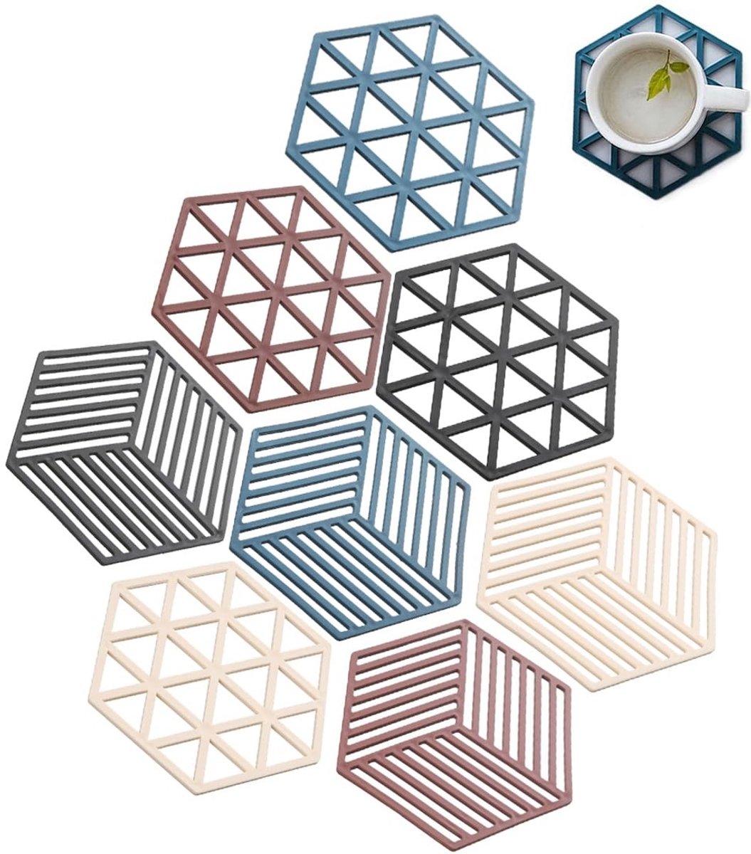 Dailygoods- Potonderzetters Set van 8 - Onderzetters voor Pannen - Onderzetters voor Glazen - Onderzetters met Houder - Hete Potten - Duurzaam PVC