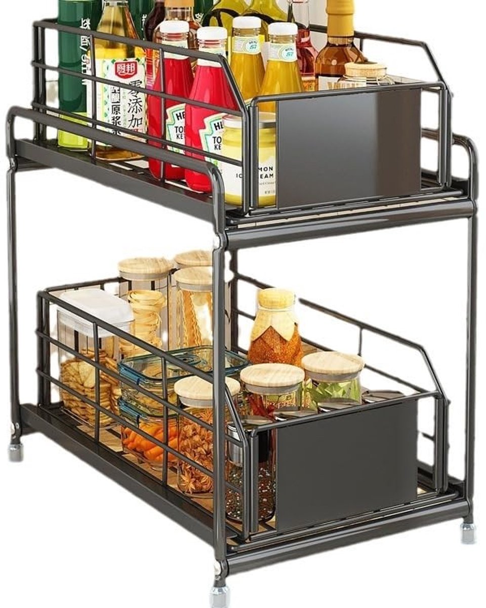 Dailygoods- Ondergootsteen Organizer Ruime Opslagcapaciteit - 2-Tier Organizer - Uittrekbaar Design - Stevige Constructie - 36 x 19 x 31 cm - Hoge Vangrail - Opbergrek