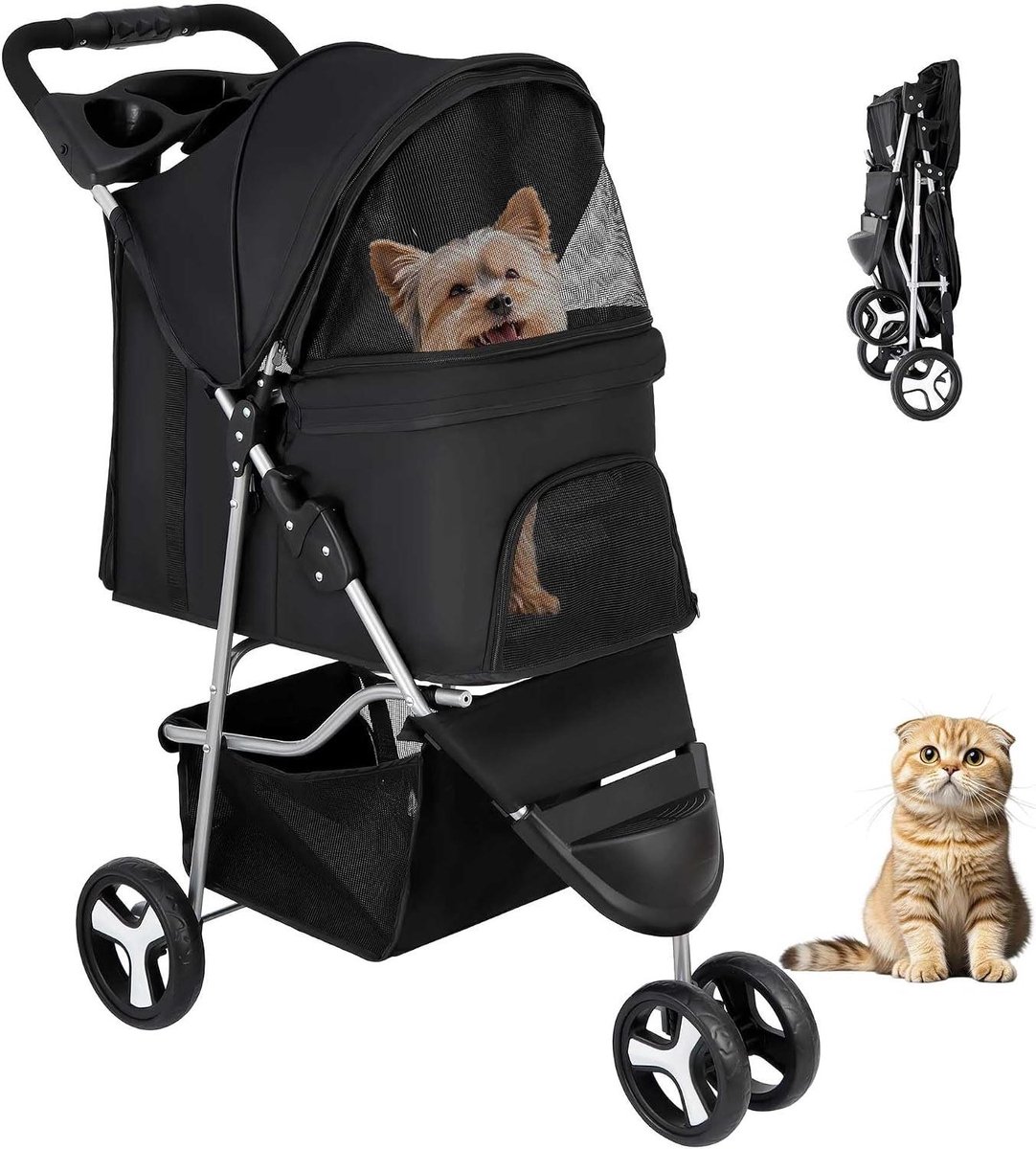 Huisdier Kinderwagen - Dierenbuggy - Comfortabel Reizen - Lichtgewicht Opvouwbaar - Tot 15kg - Zwart