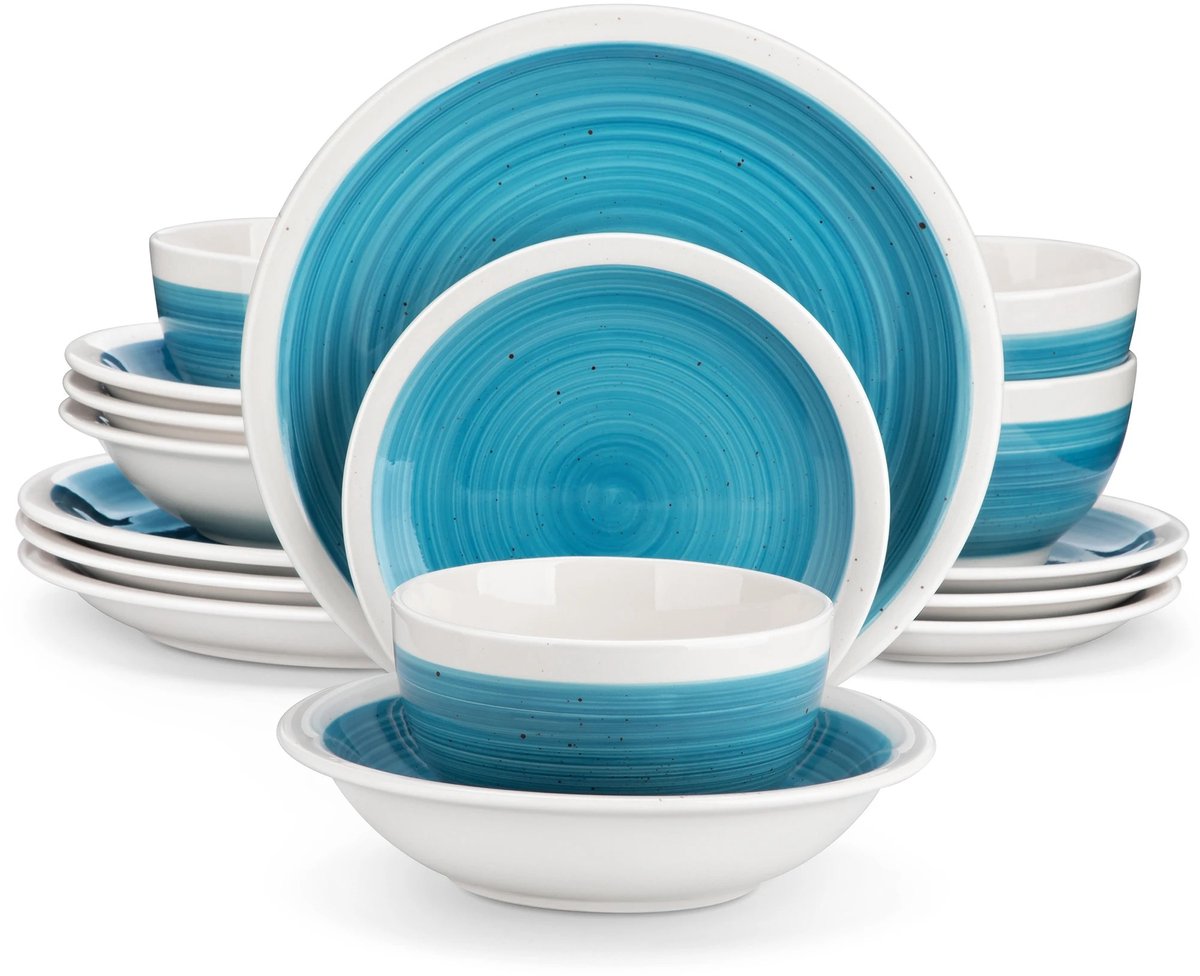 Home & Beyond® Serviesset 16 Delig voor 4 Personen - Keramisch Servies Turquoise Blauw - Dinerborden, Pastaborden, Ontbijtborden & Kommen - Vaatwasserbestendig