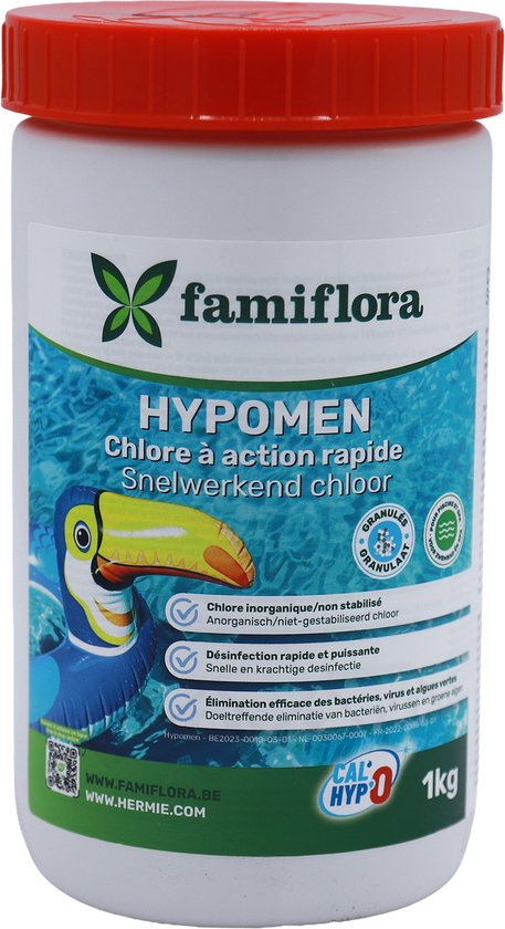 Wit met rode dop 1kg verpakking van Famiflora Hypomen snelwerkend chloor met afbeelding van een toekan.