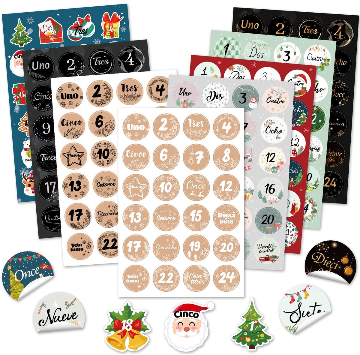 Dailygoods- Kerststickers 8 x 24 - Adventskalenderstickers - Handgemaakt - Kerstmis - Decoratie - Feestdagen - Adventskalender