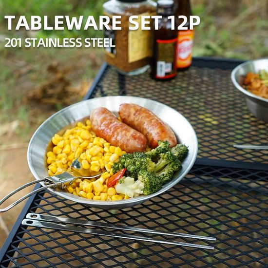 Kampeerset- 12 Stks Voor Camping Servies Set met RVS Kommen en Platen Ideaal voor Outdoor Maaltijden - zilver — afbeelding 2