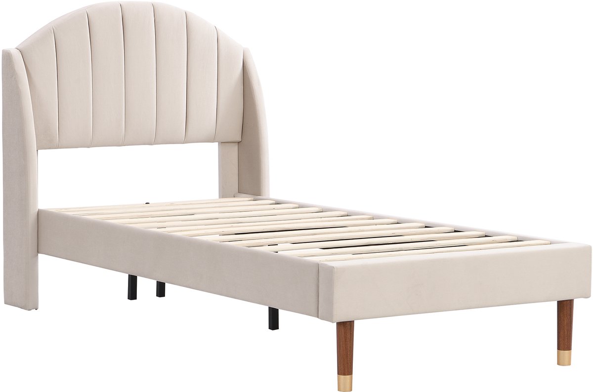 COVREO Bedframe 90x200 cm 206 x 100 cm beige stof, hoofdbord, zonder matras