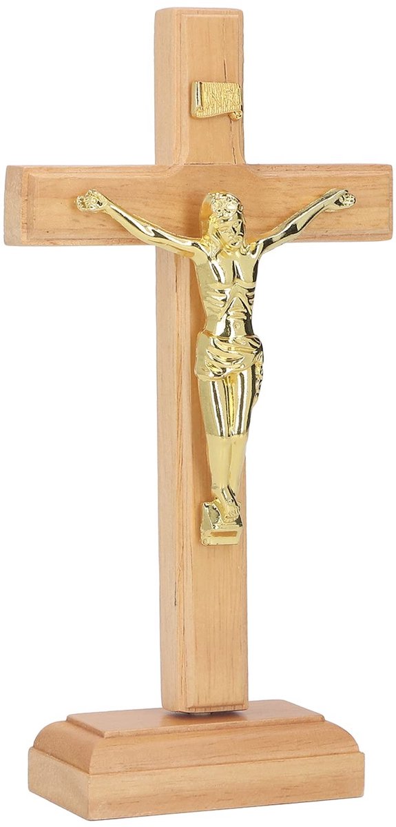 Dailygoods- Kruisbeeld Houten met Stabiele Basis - Katholiek Muur/Tafelkruis - Decoratie voor Thuis/Kantoor/Kerk - Religieuze Beeld - Spirituele Accessoire - Religieus Beeld