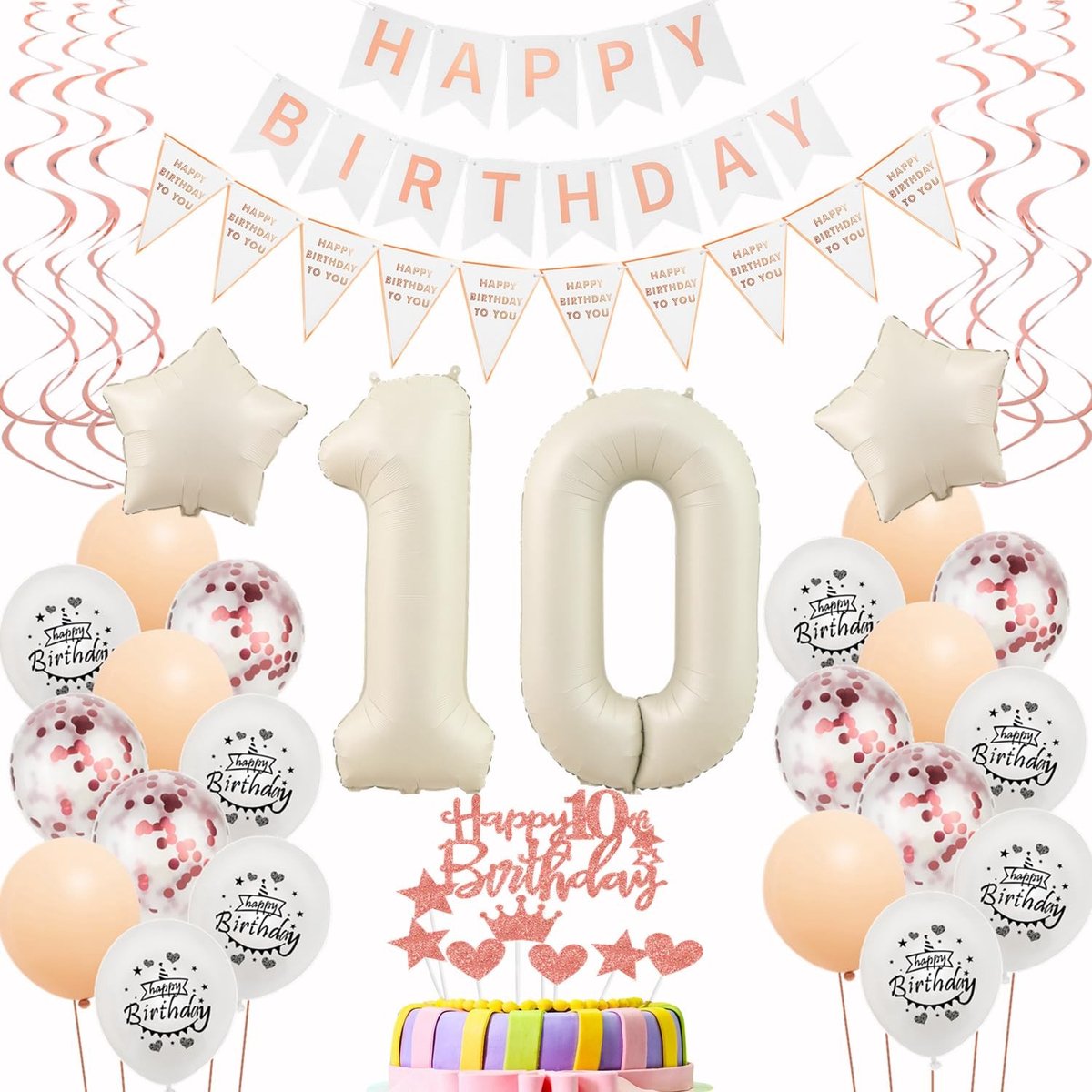 Dailygoods- Ballonnen 10 Jaar Verjaardag Meisje - Beige/Roségoud - Latexballonnen - Sterballonnen - Confettiballonnen - Taartdecoratieset - Happy Birthday-Banner - Verjaardagsdecoratie
