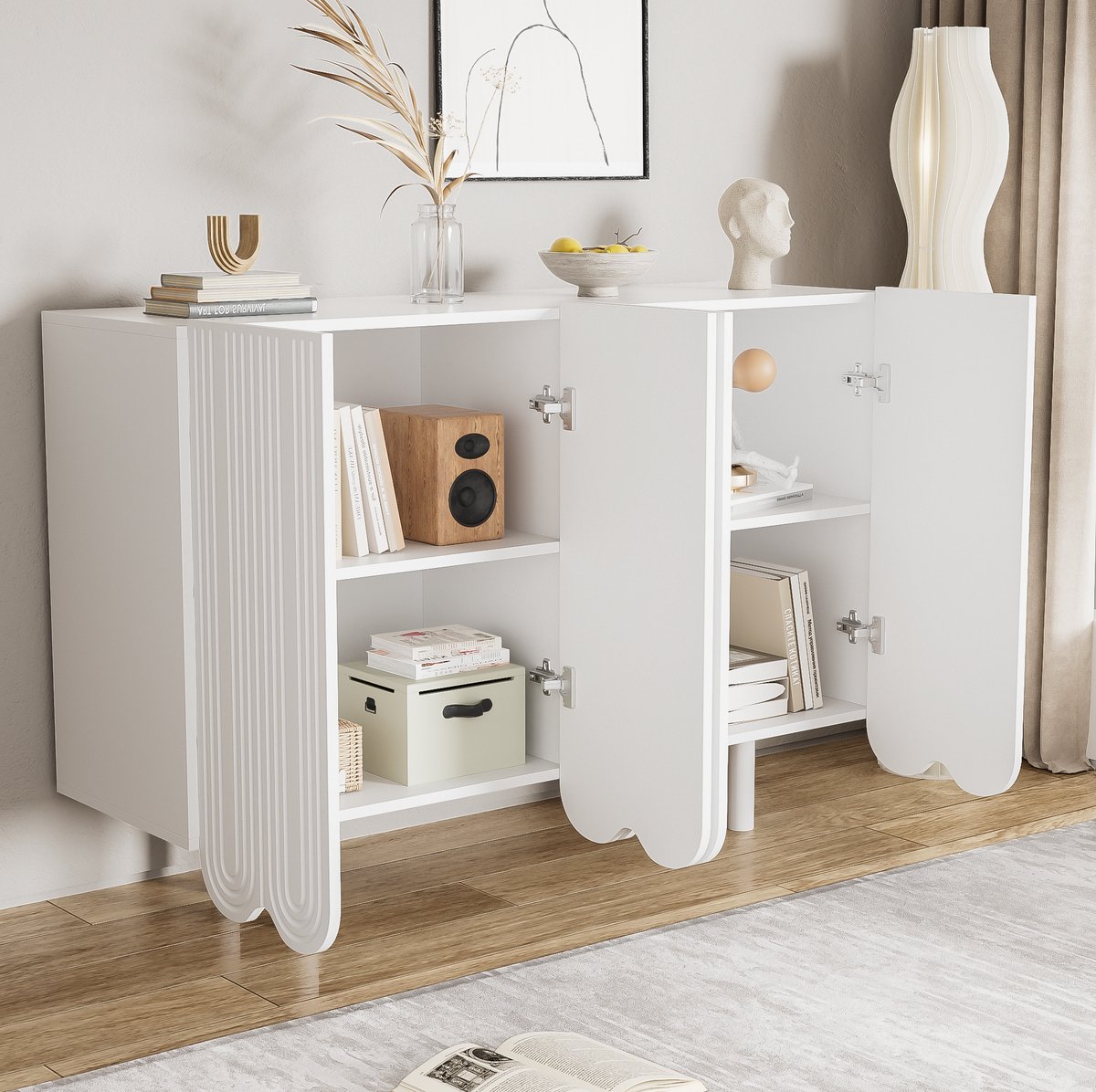 DESMIU Dressoir - Gevormde Deuren Met Druppelreliëf En Opbergruimte - Modern Voor Woonkamer En Interieur - MDF - 120x37,5x80,8 Cm - Wit