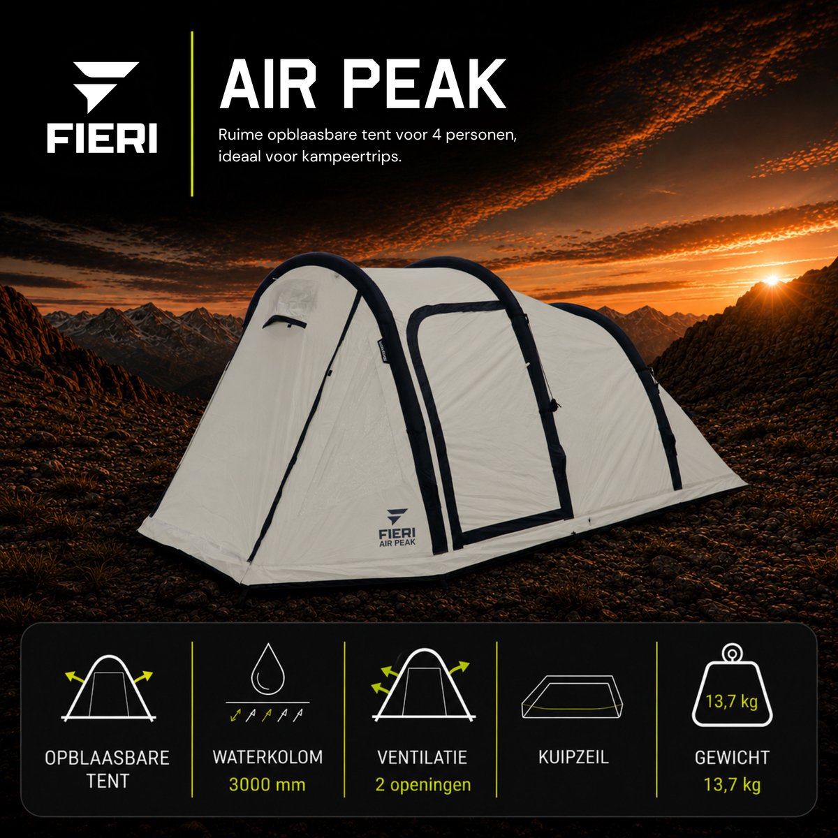 Fieri AIR Peak Cooldome Opblaasbare Tent - 4 Persoons Tent - 3000 mm Waterkolom - Incl. Pomp – foto 8