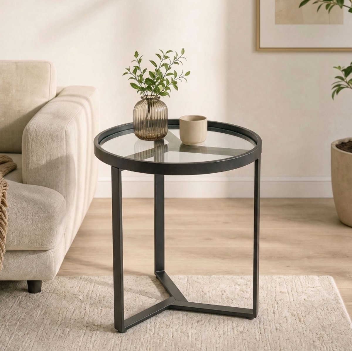 MIVRAY Bijzettafel - Rond Gehard Glas Met Geometrisch Metalen Frame - Modern Voor Woonkamer En Slaapkamer - Zwart - 45 Cm