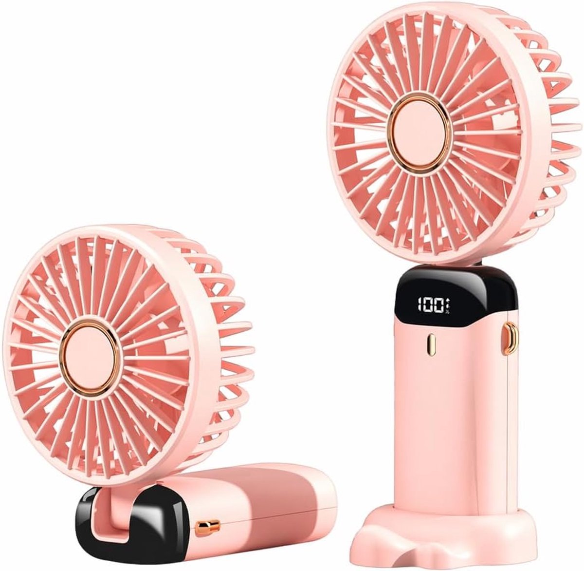 Draagbare handventilator, draagbare USB-oplaadbare, opvouwbare mini-bureauventilator met 5 snelheden, batterijvoeding en led-display voor thuiskantoor, slaapkamer, buiten en reizen (roze)