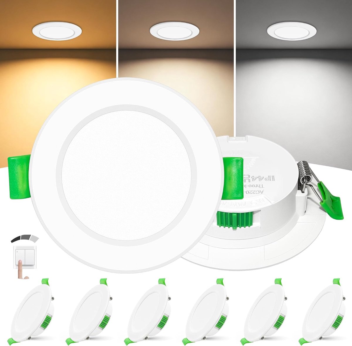 Set van 6 LED Inbouwspots Extra Plat 25mm, 6W, Dimbare LED Spots Plafond met 3 Lichtstanden Zonder Dimmer, 2700K 4000K 6000K, IP44 voor Badkamer en Keuken, Zaagmaat Ø58-68mm, 230V, Wit