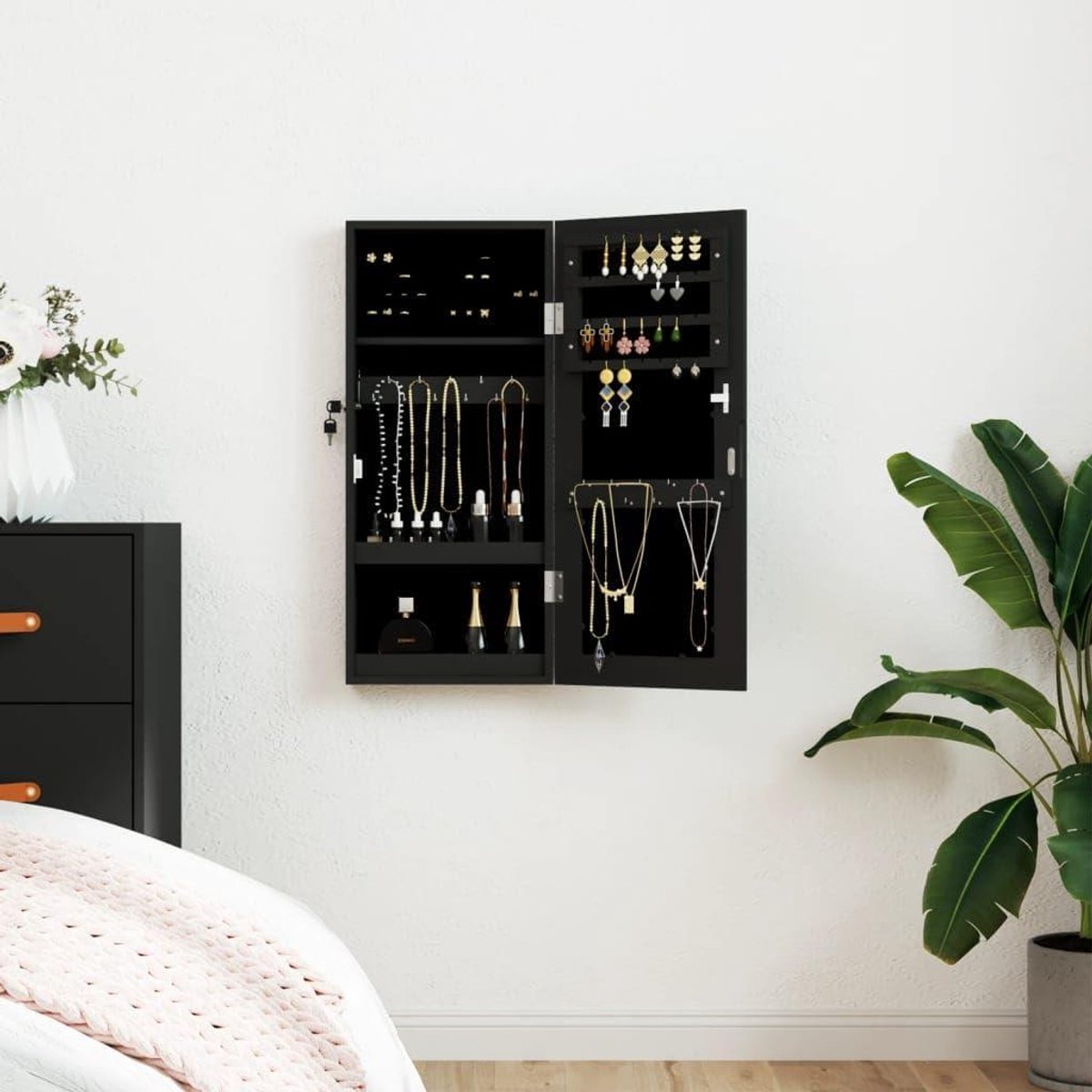 Spiegel Sieradenkast - Sieraden Organizer - Sieraden Opbergen - Afsluitbare Deur - 30 x 8.5 x 67 cm - Zwart