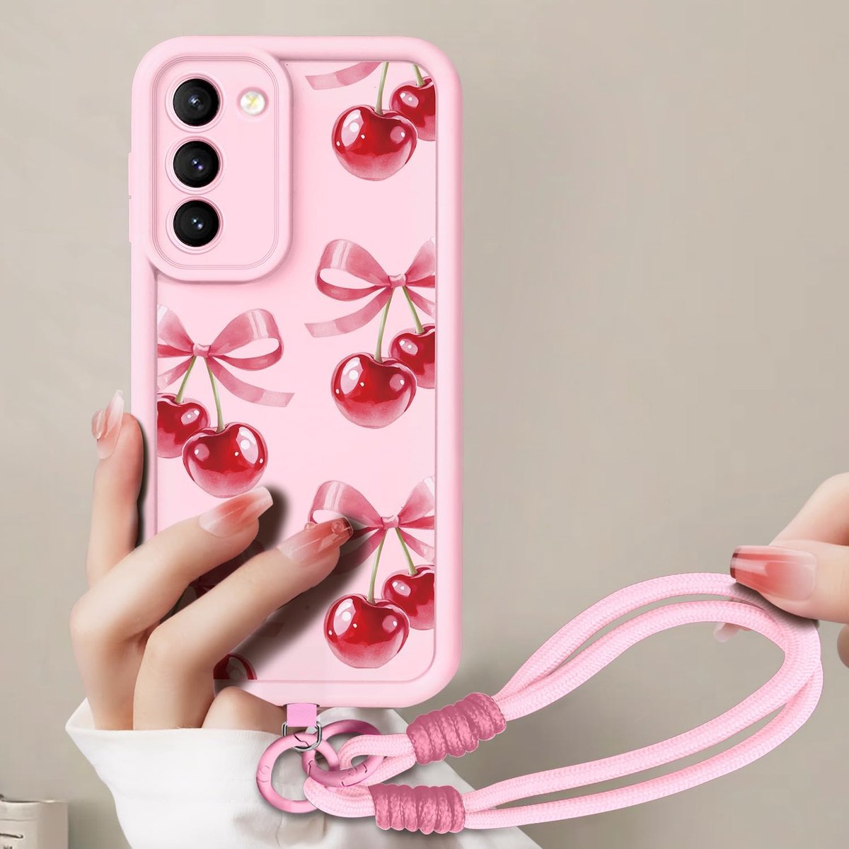 Telefoonhoes voor Samsung Galaxy S23, hoes met armbandsnoer, telefoonketting beschermhoes met esthetische strikken en kersenpatroon met koord om om te hangen, roze cover case voor Samsung