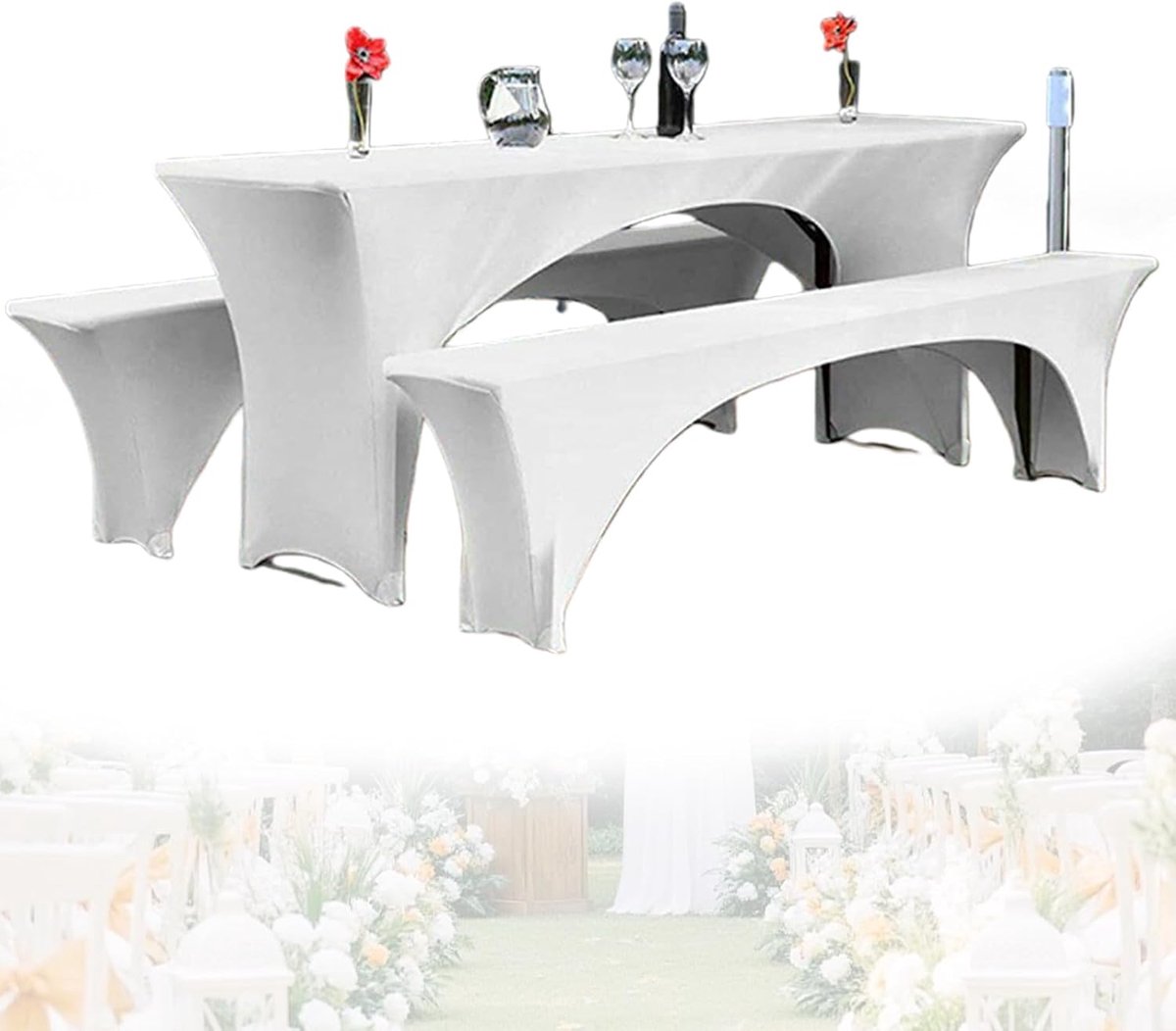 Set van 3 stretch biertentgarnituur, 220 x 50 x 70 cm, elastische biertafelhoezen, bierbankhoezen en biertafelhoezen, biertentgarnituur, stretch hoezen, biertafelhoes, premium wasbaar voor 50 cm tafel