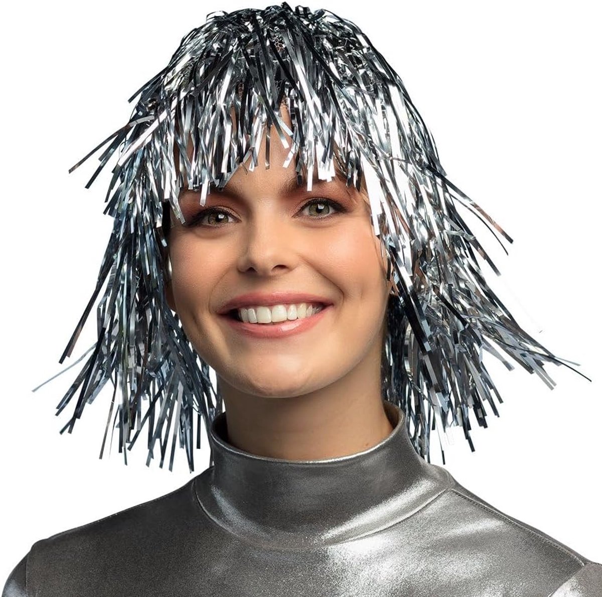 85903 - pruik metallic, zilver, foliestrekken, voor dames