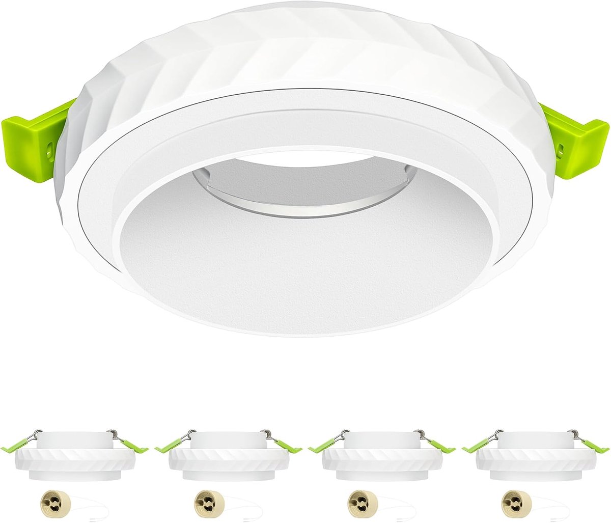 set van 4 ronde inbouwspots GU10 - mat wit inbouwframe met fitting,ultraplatte plafondspots in wit aluminium, uitsparing Ø68–80 mm, zonder lichtbron