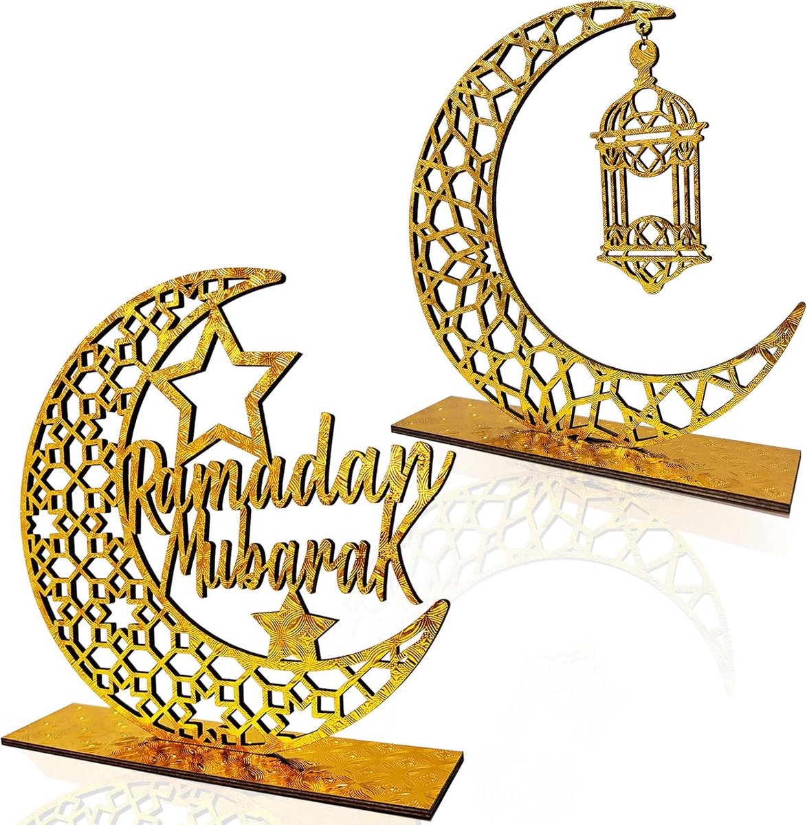 2 stuks Ramadan Mubarak tafeldecoraties, houten Eid Kareem tafelblad bord voor thuis kamer centerpieces, nieuwigheid holle ster maan lantaarns kastelen ornament voor islamitische moslim Al-Fitr