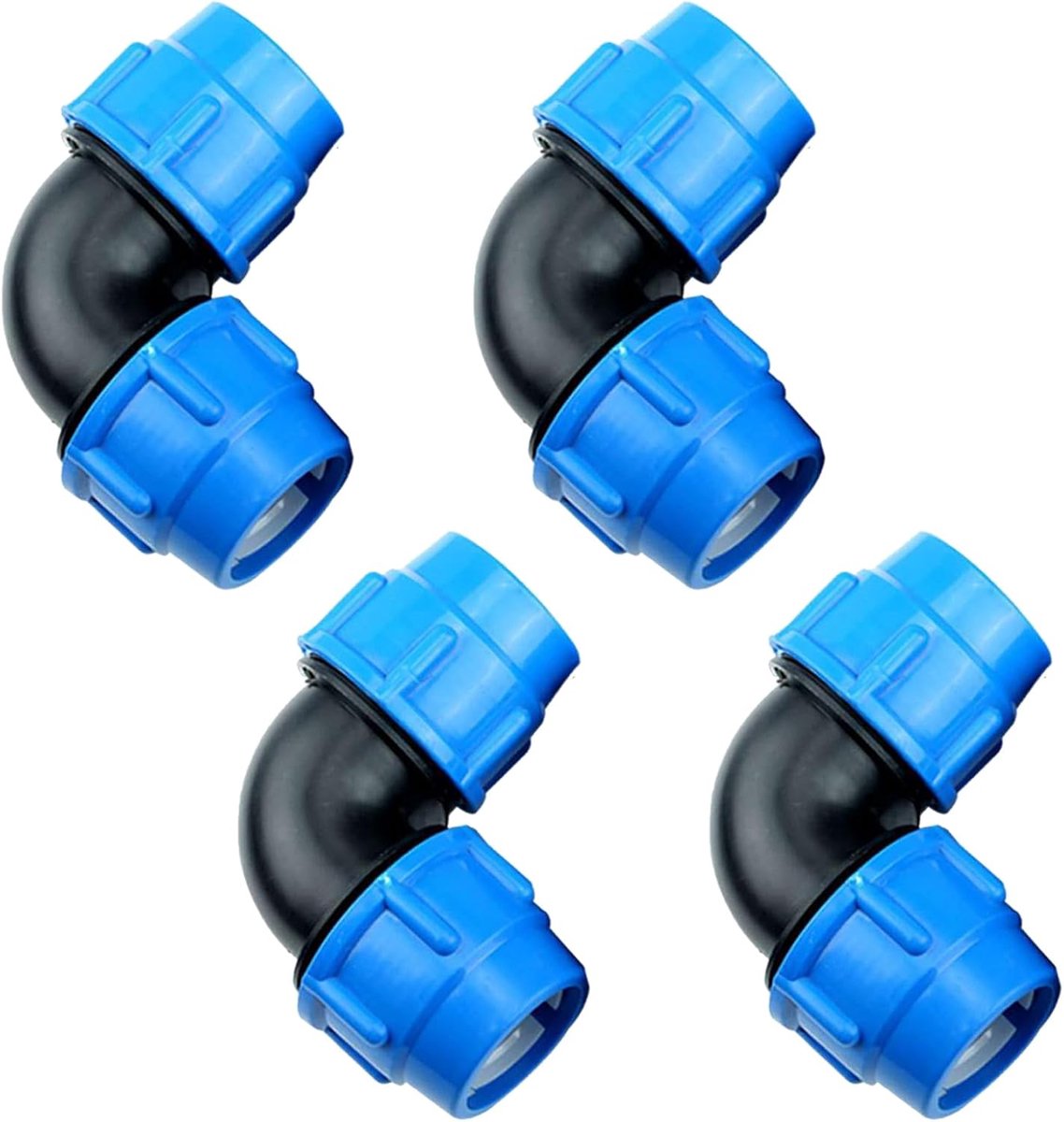 4 stuks PP-fitting schroefverbinding voor PE-buis 25 mm, BetterJonny hoek 90 graden PE buisfitting 25 mm x 25 mm, PE buisschroefverbinding 25 mm, schroefverbinding kunststof PP-koppeling, blauw