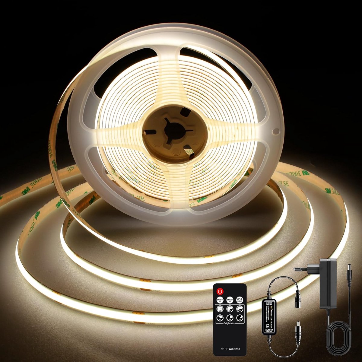 COB LED Strip 3m 4000K, Natuurwitte 24V Dimbare LED Strip set, 480LEDs/M, CRI92, 8mm Breed, COB LED-verlichting met Afstandsbediening en Voeding, voor Slaapkamer Keuken Interieur Decoratie