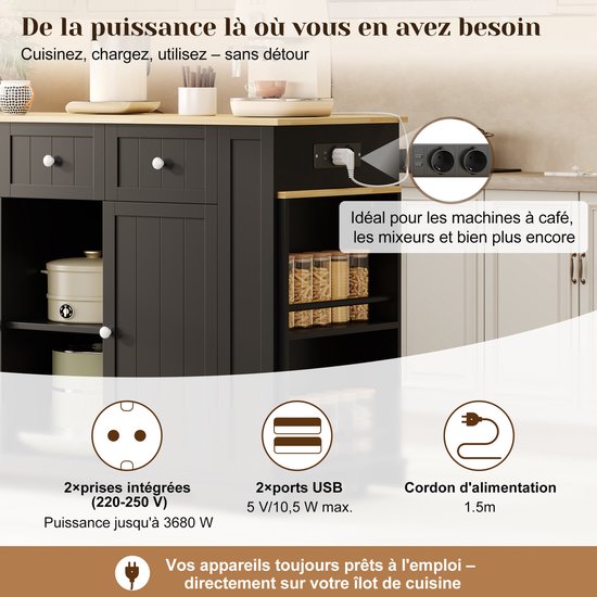 MIVRAY Keukeneiland - Verrijdbare Keukenwagen Met Uittrekbare Eettafel En Verstelbare Planken - Voor Keuken En Eten - MDF - Zwart Natuurlijk - 138 X 55 X 93 Cm — afbeelding 5