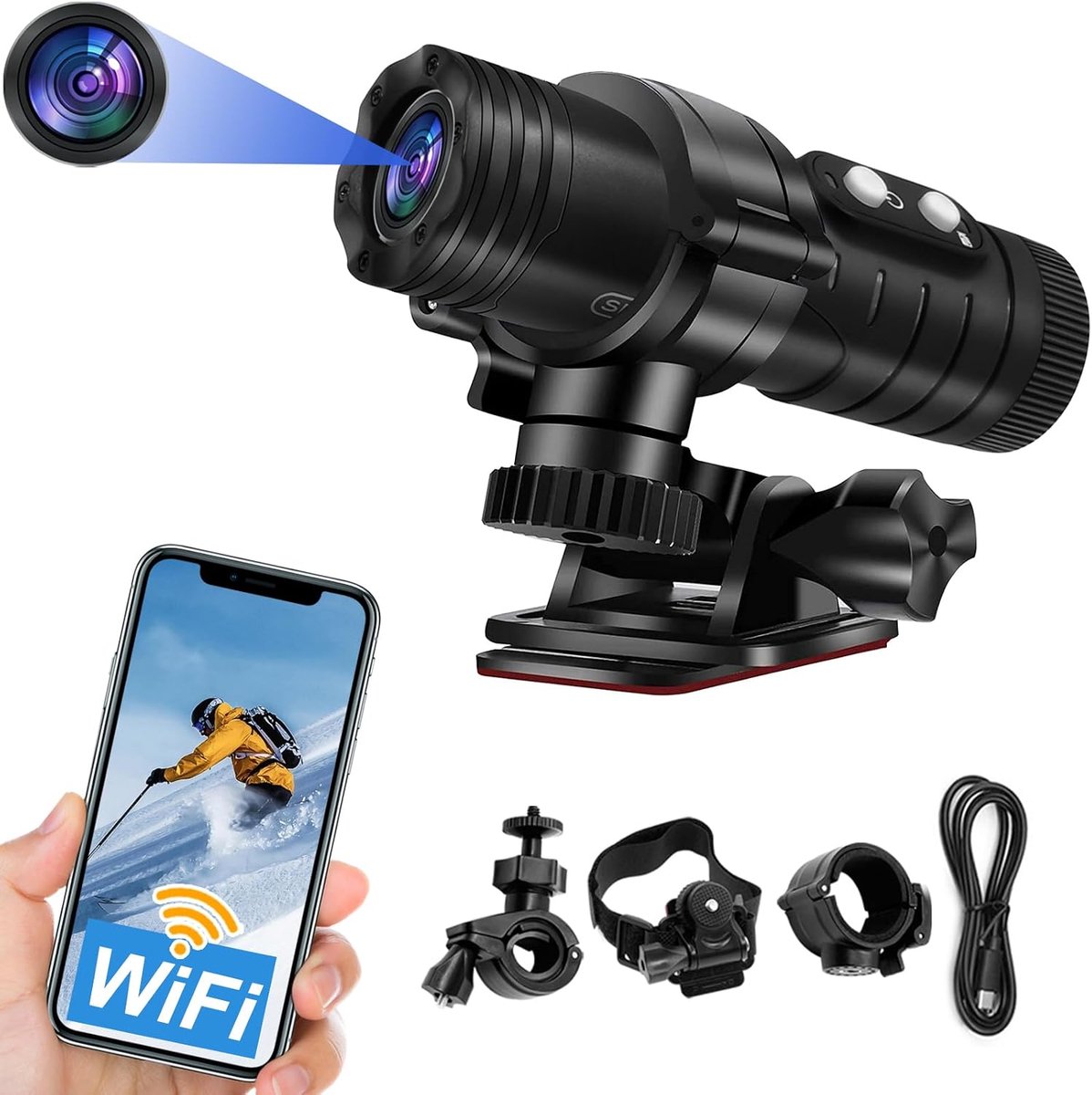 SnelShoppen - Action Cam met WiFi, HD 1080p, 120° Groothoek, Motorfiets Camera, Automatische Horizontale Uitlijning, Lange Accuduur, Ideaal voor Actie