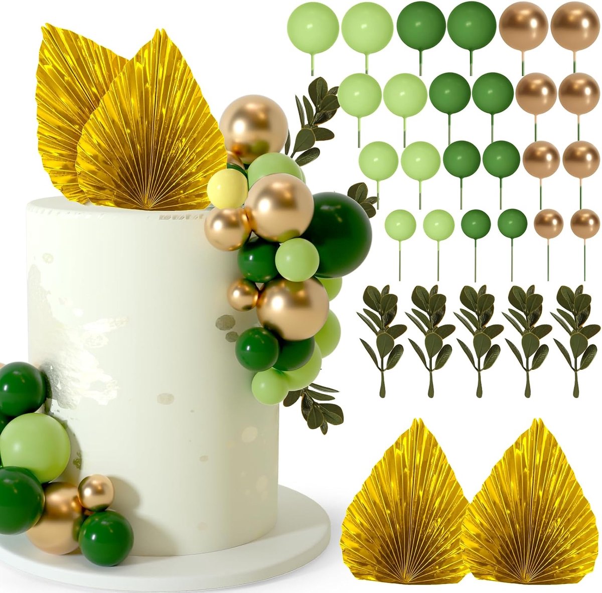 64 stuks ballen taarttoppers en bladeren decoratieset mini-ballonnen voor taartdecoratie benodigdheden ballen taartdecoraties voor babyborrel taarttoppers verjaardagstaart decoraties (groen