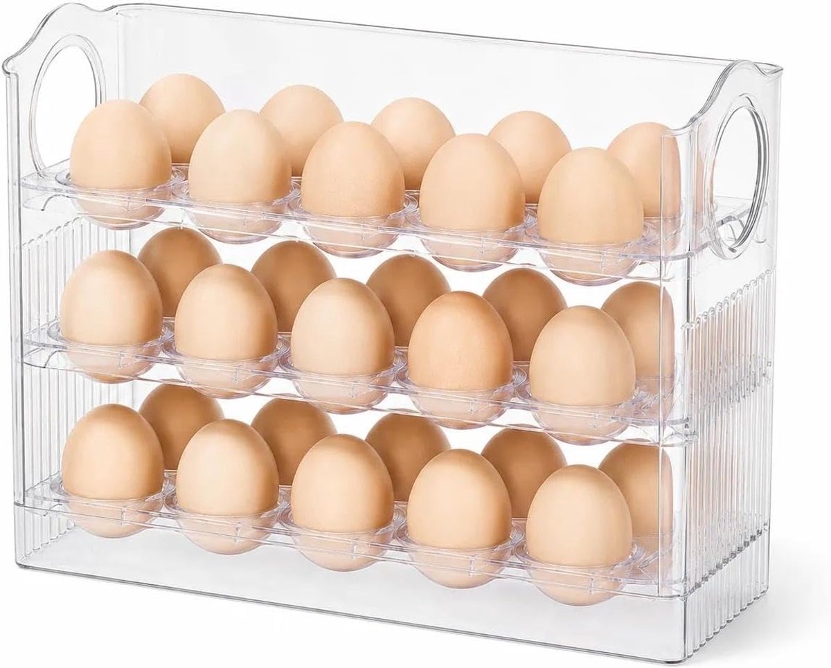 Eierhouder koelkast, transparante eierbox voor 30 eieren, 3 etages | Transparante eierorganizer met 3 niveaus en elk 10 vakken; lege bovenste laag klapt naar beneden, voor koelkast en keuken