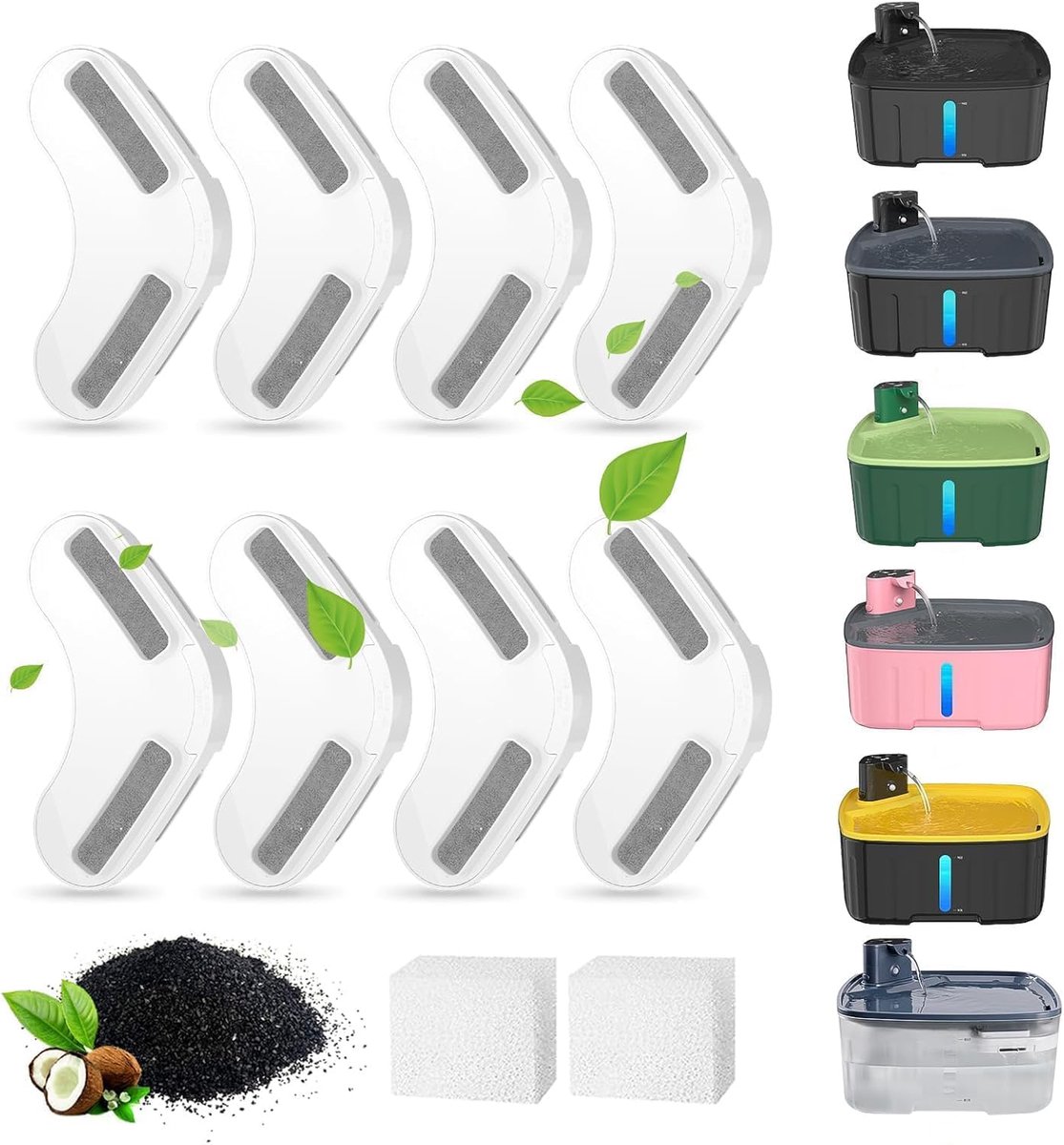 Filter voor drinkfontein, reservefilter voor 8 l/270 oz grote hondenfontein, 8 stuks filters en 2 sponzen voor 8 l grote draadloze drinkfontein voor honden | Geschikt voor de draadloze drinkfontein van 8 liter voor honden