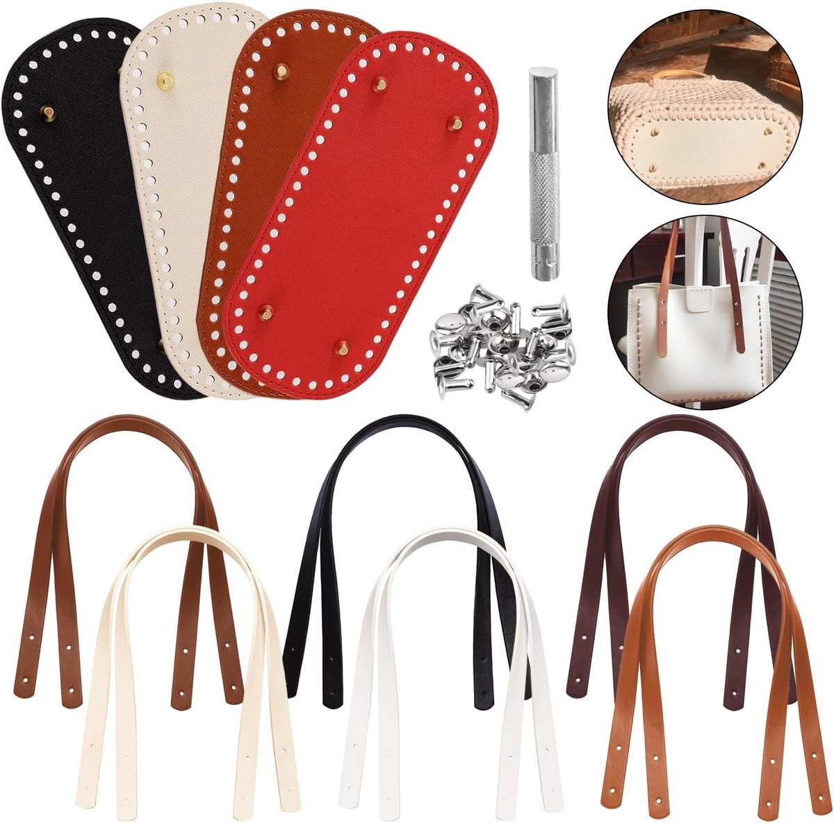 65 stuks PU zakhengsels, 12 stuks, 6 kleuren, leren riemen, 4 kleuren, zakbodem voor haken, mandbodem voor haken, 48 klinknagels, een montageslijper voor reservehandtassen, haakaccessoires