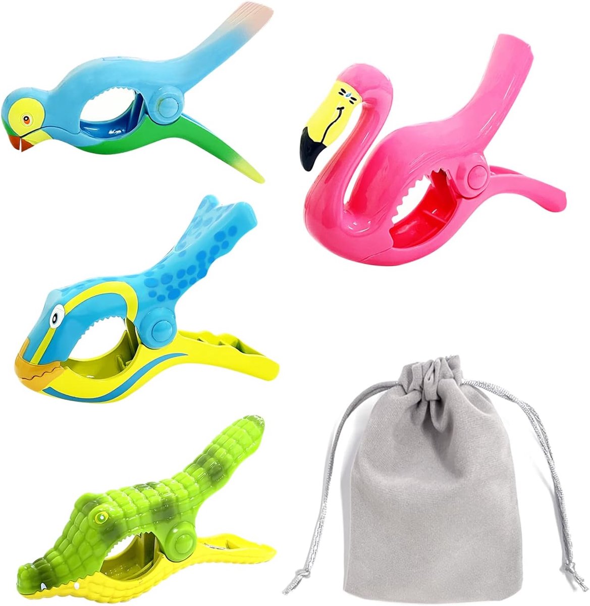 4-pack strandhanddoekclips met 1-delige flanellen tas, flamingo