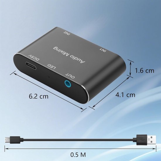 3,5 mm stereo audio-mixer 2-in-1 out 3,5 mm stereo mini-audio-mixer met 5 m USB-oplaadkabel voor laptops, mobiele telefoons, hoofdtelefoons, luidsprekers enz — afbeelding 5