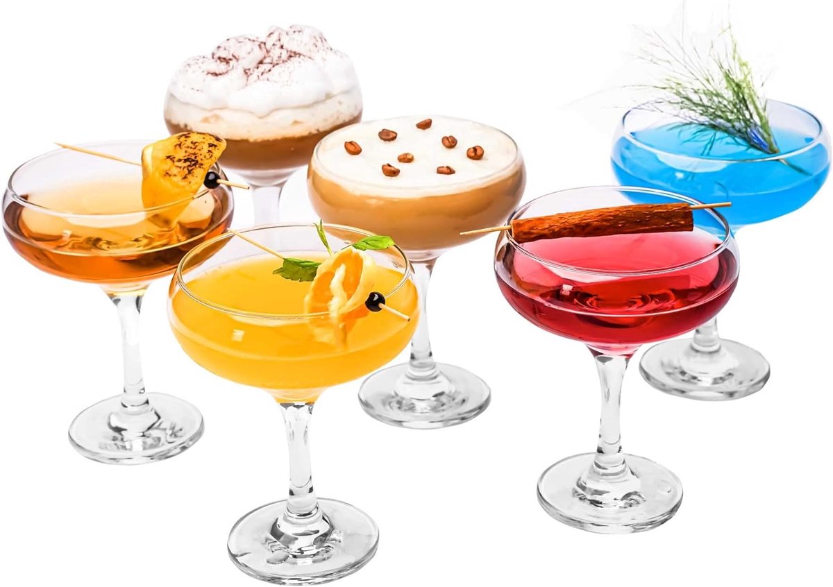 set van 6 (9oz/270ml). Espresso Martini glazen, Margarita glazen, elegante coupe glazen, lange steel glaswerk