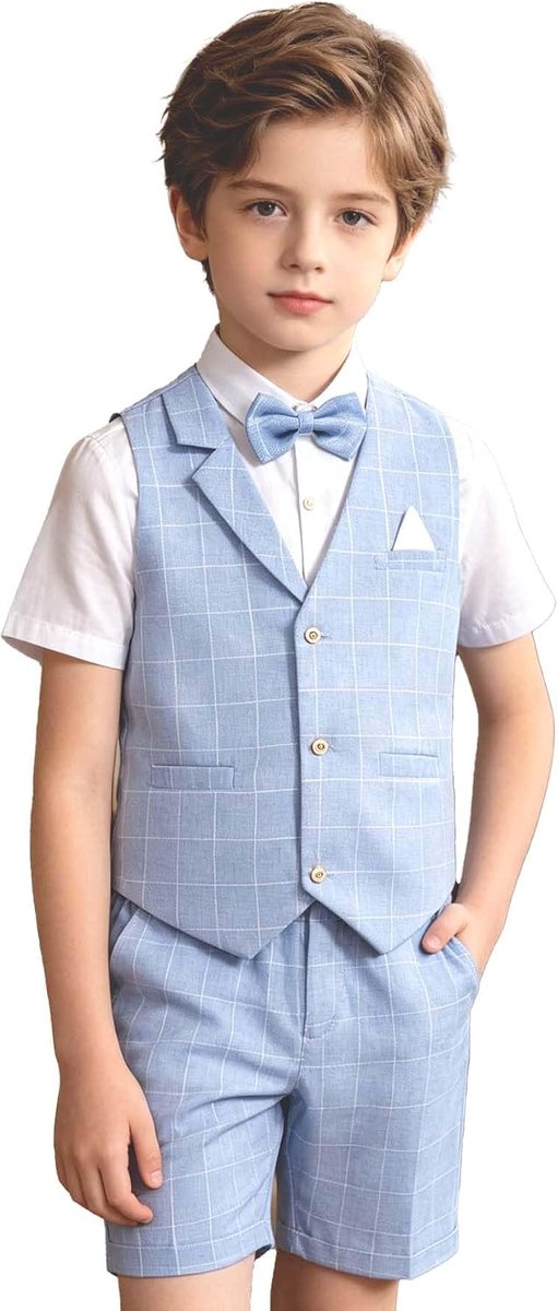 4PCS Page Jongenspakken Bruiloft, Kinderzomer Kort Kostuum Set, Ceremonie Doop Feestkleding, Waistcoat Shorts Shirt met Strikje voor 2-12 jaar