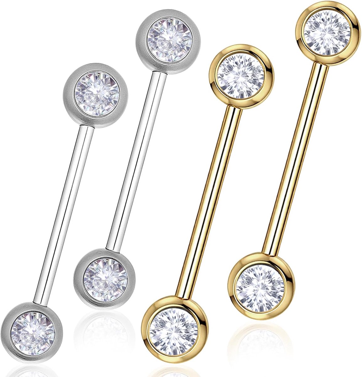 2 paar tepelpiercing, goud- en zilverkleurig, roestvrij staal, tepelpiercing, ronde tongpiercingset met strasssteentjes, body barbell, 14 g, tepelstaafje, goud, titanium, piercing, brug, sieraad