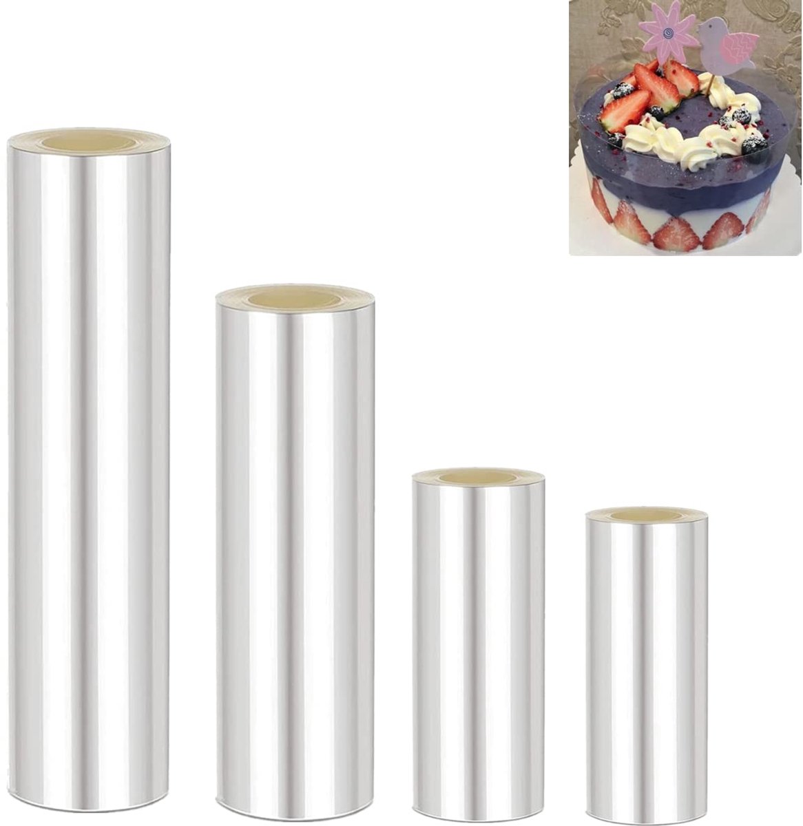 4 banden taartrandfolie 20/15/10/8 cm x 10 m transparante taartfolie, acetaatfolie voor taartdecoratie voor chocolade, mousse, taartaccessoires, cake
