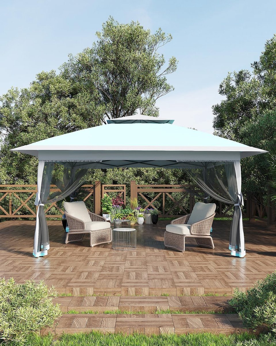 Paviljoen 3.6 x 3.6 m - Partytent met Dubbel Dak voor Ventilatie - Inclusief Gordijnen en Muggennet - UV-bestendig (UPF 50+) - Voor Tuin, Terras en Camping - Lichtblauw